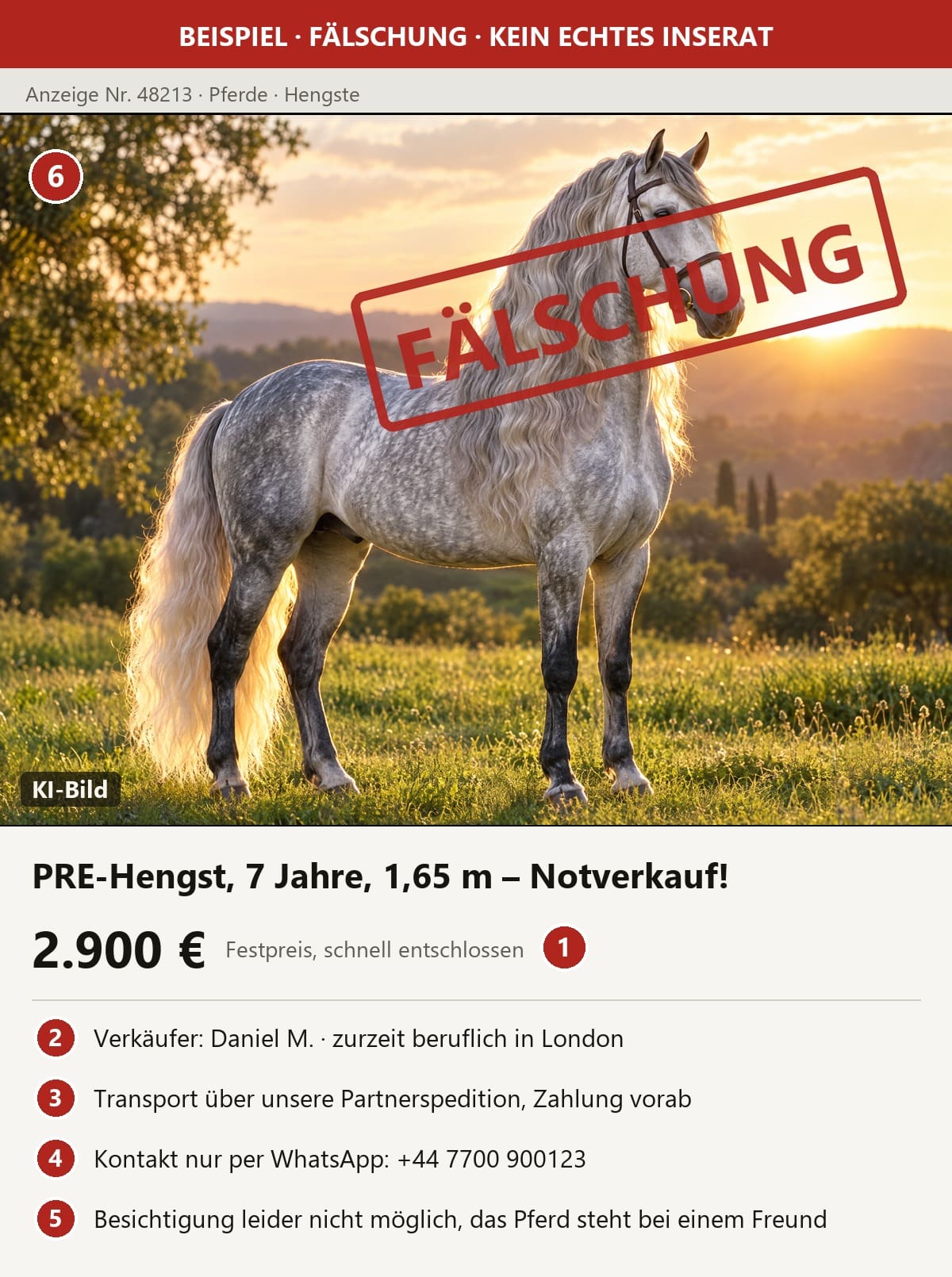 Beispiel einer gefälschten Pferdeanzeige mit sechs nummerierten Warnzeichen
