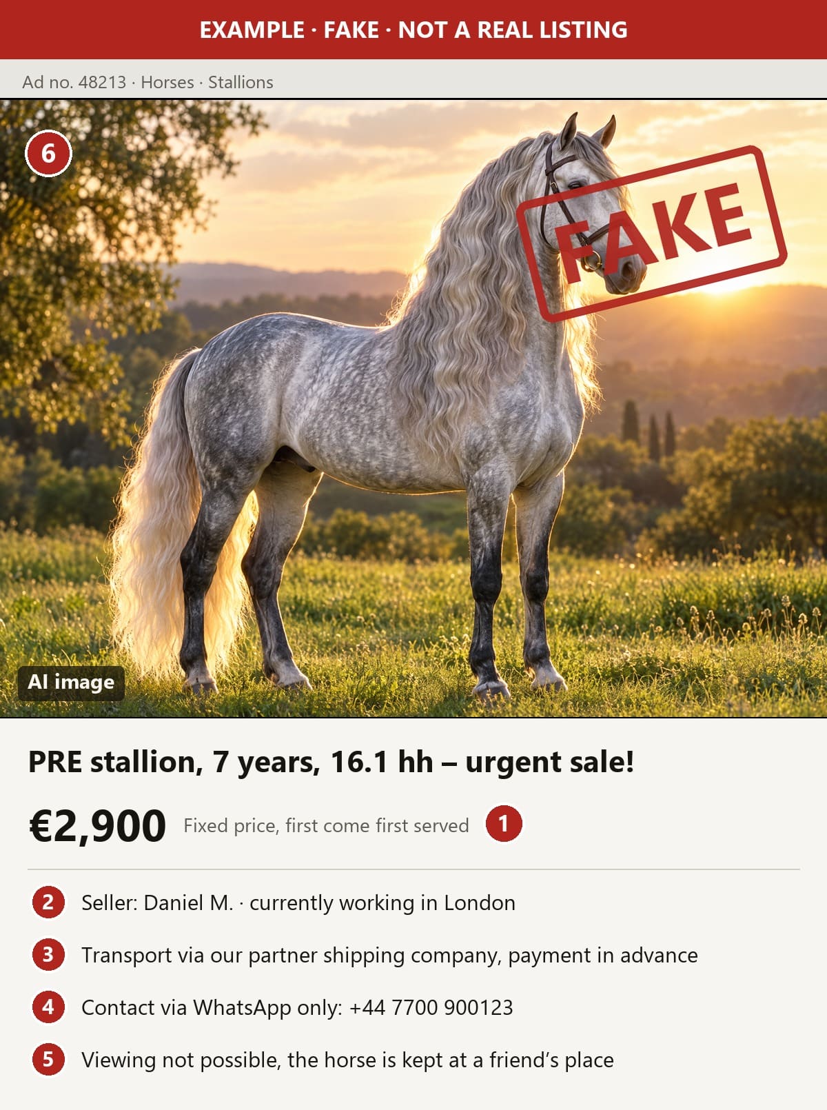 Example of a fake horse ad with six numbered warning signs