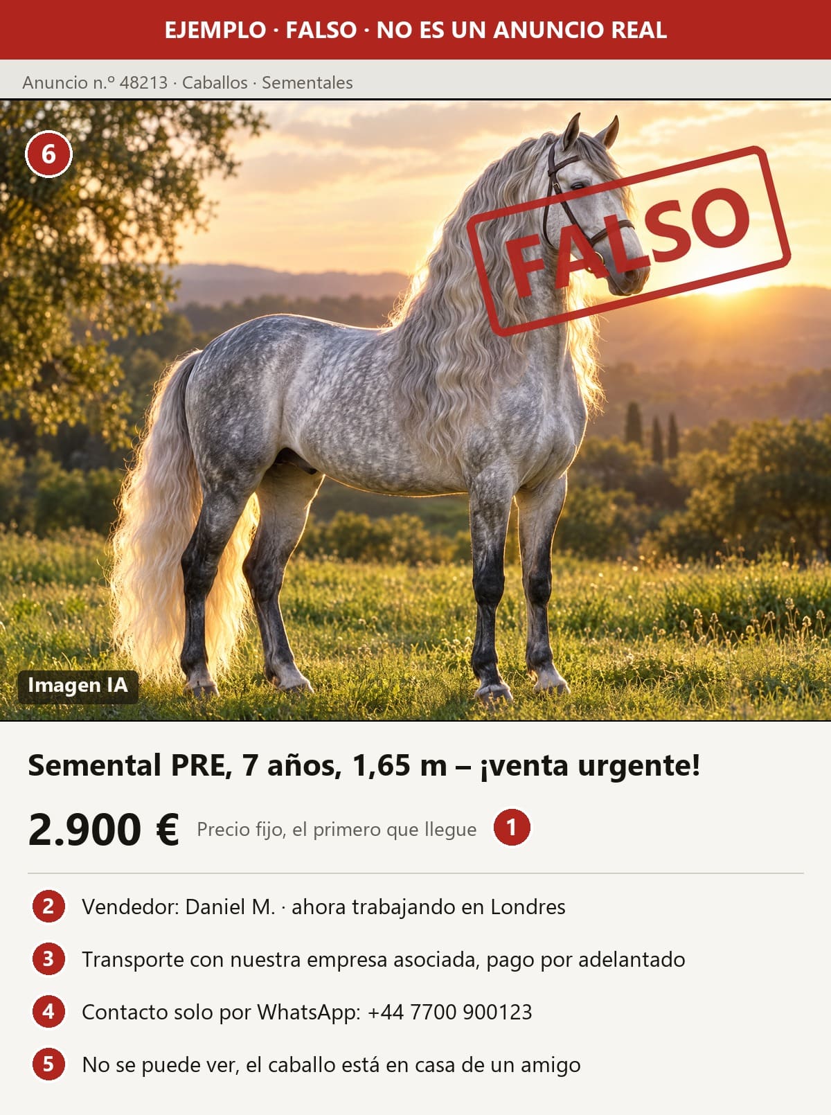 Ejemplo de anuncio falso de caballo con seis señales de alarma numeradas