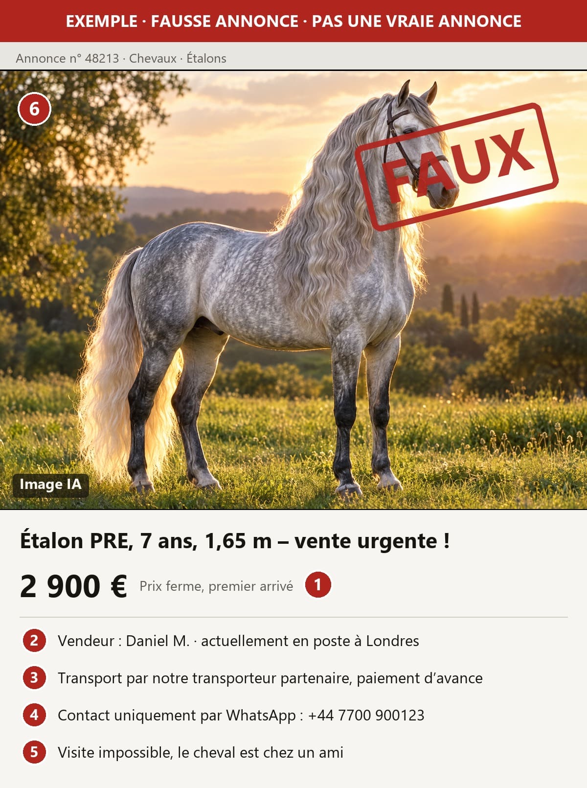 Exemple de fausse annonce de cheval avec six signaux d'alerte numérotés