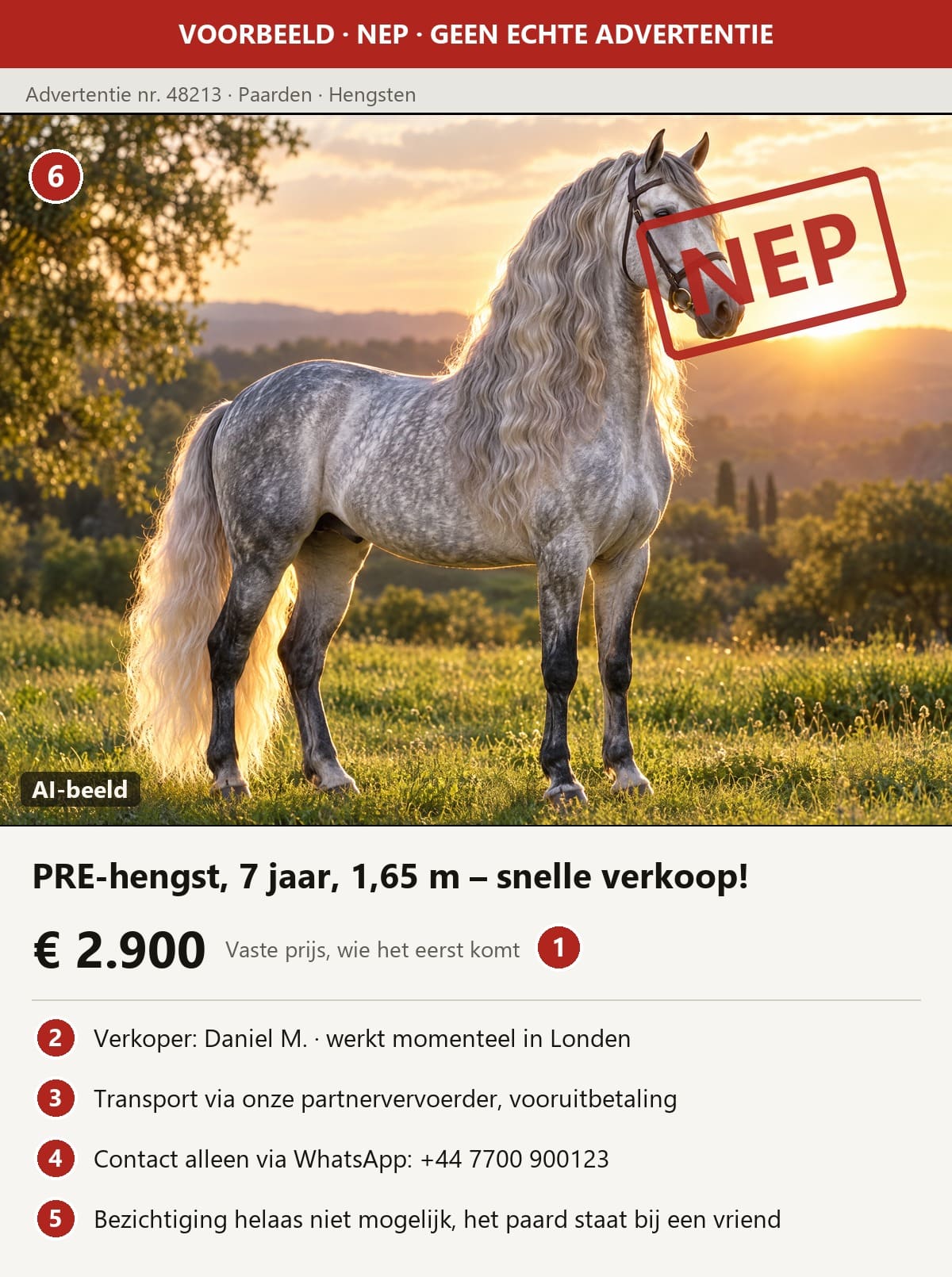 Voorbeeld van een nep-paardenadvertentie met zes genummerde waarschuwingssignalen