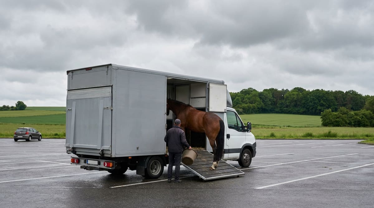 Caballo siendo abrevado en la rampa de un transportador de caballos en un área de descanso