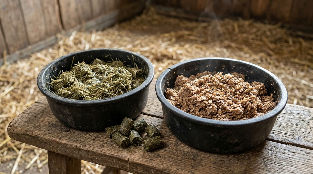 Cubos de heno remojados y mash de salvado en dos comederos, con cubos de heno secos delante